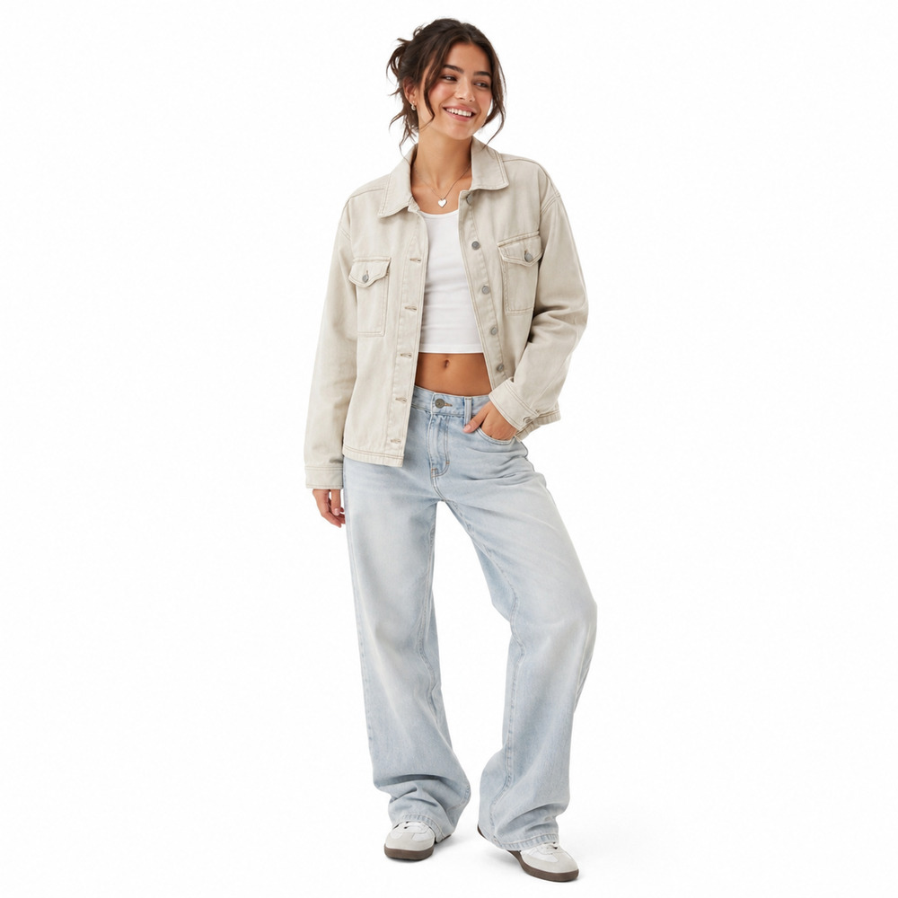 Pacsun Womens Denim Jacket XS/S Beige Oversized Y2K Shacket Trucker Coat Coastal